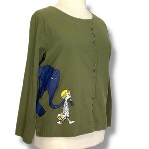 Womens Top Green Cartoon Elephant Girl Children’s Book Graphic Button Size‎ 2XL